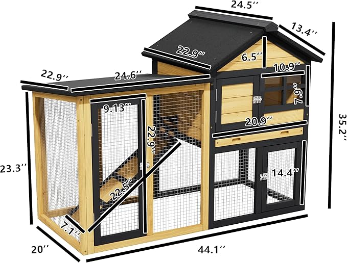 Outdoor Chicken coops for 2-4 Chickens Wooden with Waterproof Asphalt Roof, Ramp, and Multiple Doors Openable Top Pull-Out Tray Suitable for Outdoor Backyard (Yellow Black)
