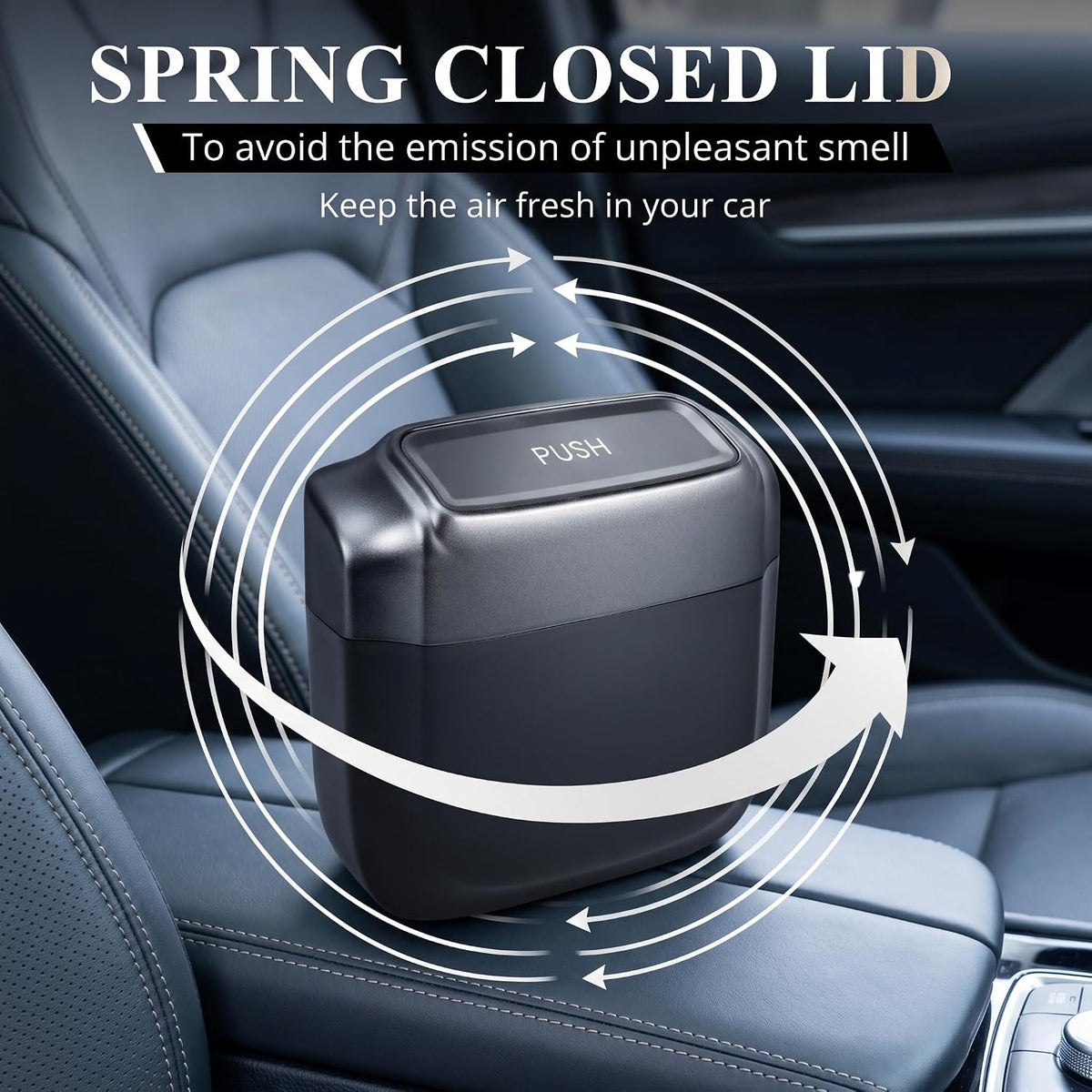 Car Trash Can with Lid, Mini Portable Hanging Clutter Canister with Trash Bags, Waterproof Leakproof Push-Button Storage Bucket, Universal Interior Accessories for Cars Trucks SUVs (Black)