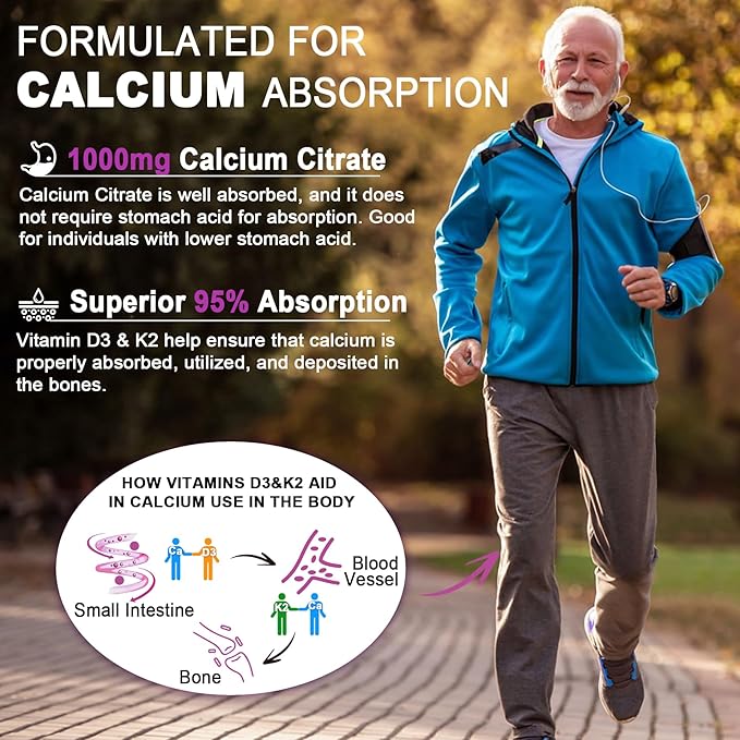 Sugar-Free Calcium Citrate Gummies 1000mg w/Vitamin D3 K2, Magnesium, Zinc, Boron, Manganese, Copper for Bone, Muscle & Immune, Ultimate Absorption Calcium Supplement for Women & Men - Vegan, 120 Cts