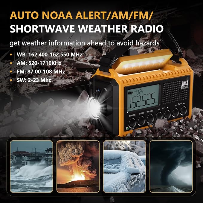 Emergency Radio12000mAh, Weather Radio 6 Ways Powered, Solar Hand Crank Radio