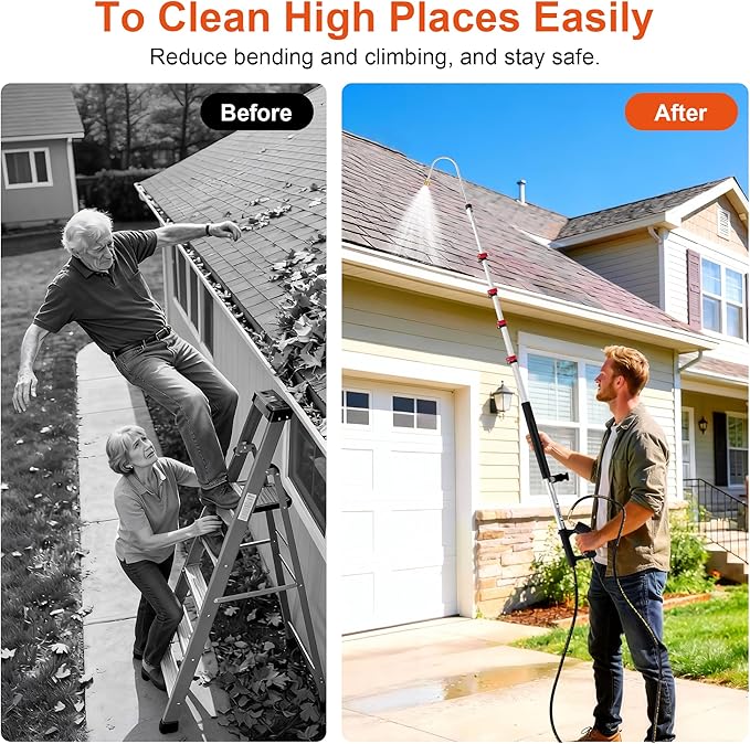 Telescoping Pressure Washer Wand 24 ft Power Washer Extension Wand Aluminum Pressure Washer Extension Wand 24 Feet with Brush Head, Gutter Cleaner, 7 Spray Nozzle Tips, 2 Hose Adapters, Support Belt