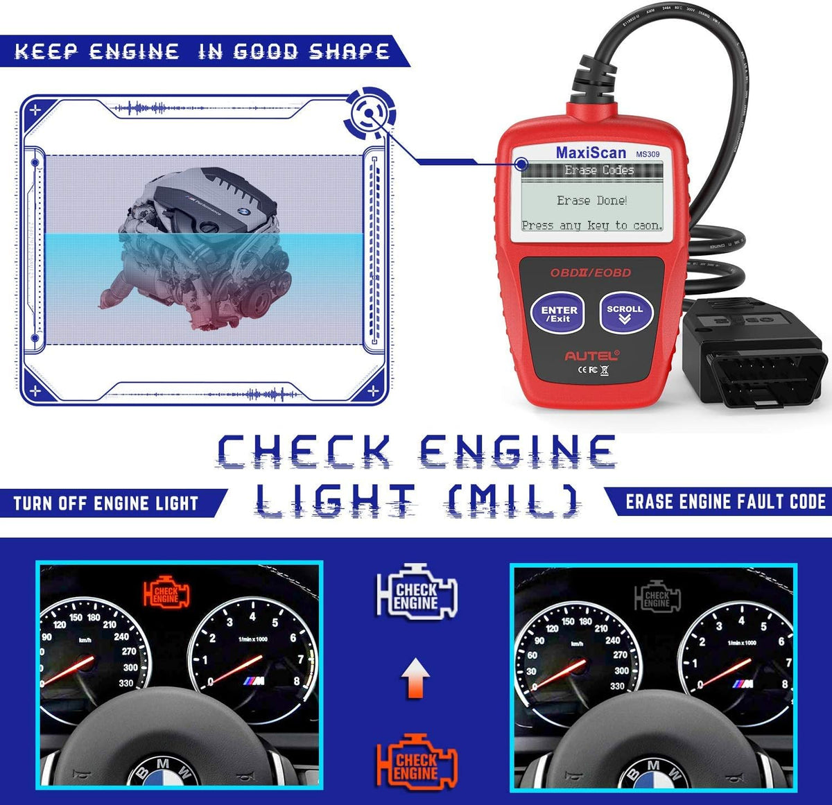 Autel OBD2 Scanner MS309 Universal Car Engine Fault Code Reader, Check Engine Light and Emission Monitor Status, OBDII CAN Diagnostic Scan Tool