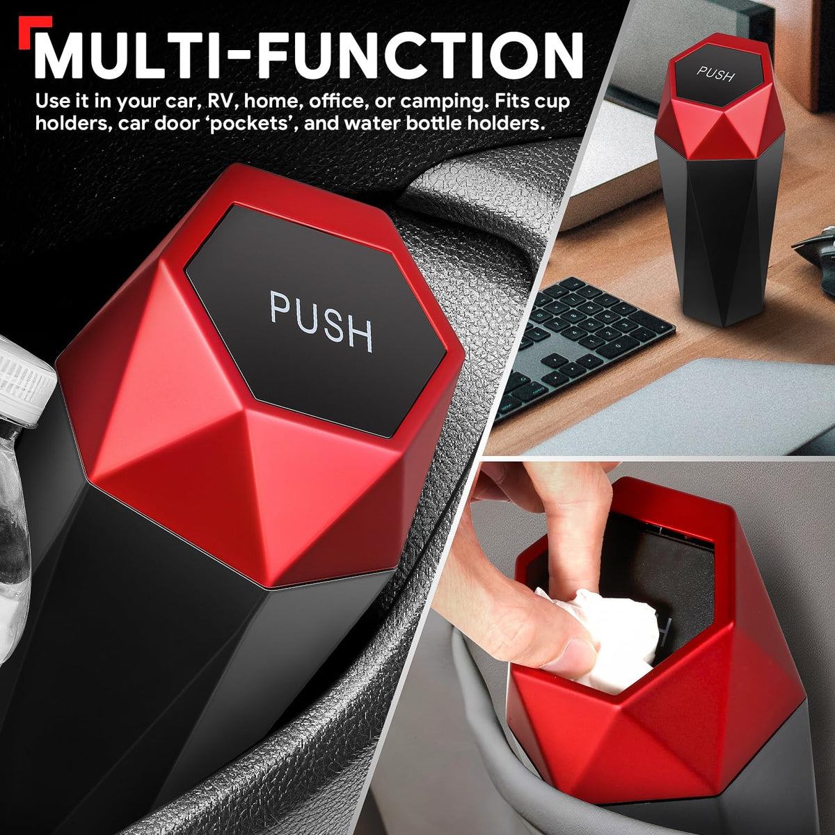 DNA Motoring Mini Car Auto Trash Can with Removable Lid, Leakproof Mini Garbage Bin for Automotive Home Office,Black/Red,ZTL-OD-01-RD