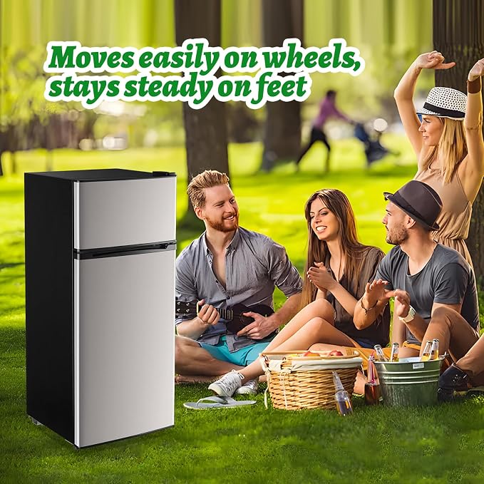 DEMULELR 4.5Cu.ft Refrigerator with Freezer Two Door Fridge with Removable Glass Shelves, Crisper Drawer & Extra Drink Space, LED Light, Apartment Size Fridge for Dorm Silver