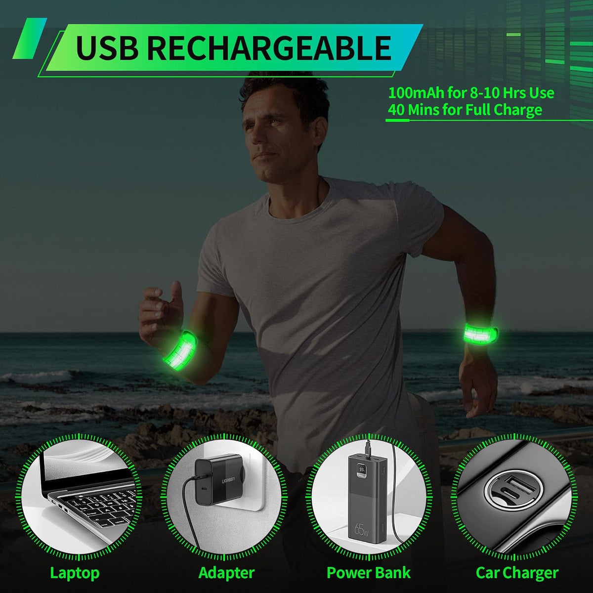 Skiennix LED Armband - Rechargeable Safety Light for Running & Night Walking | High Visibility Reflective Gear