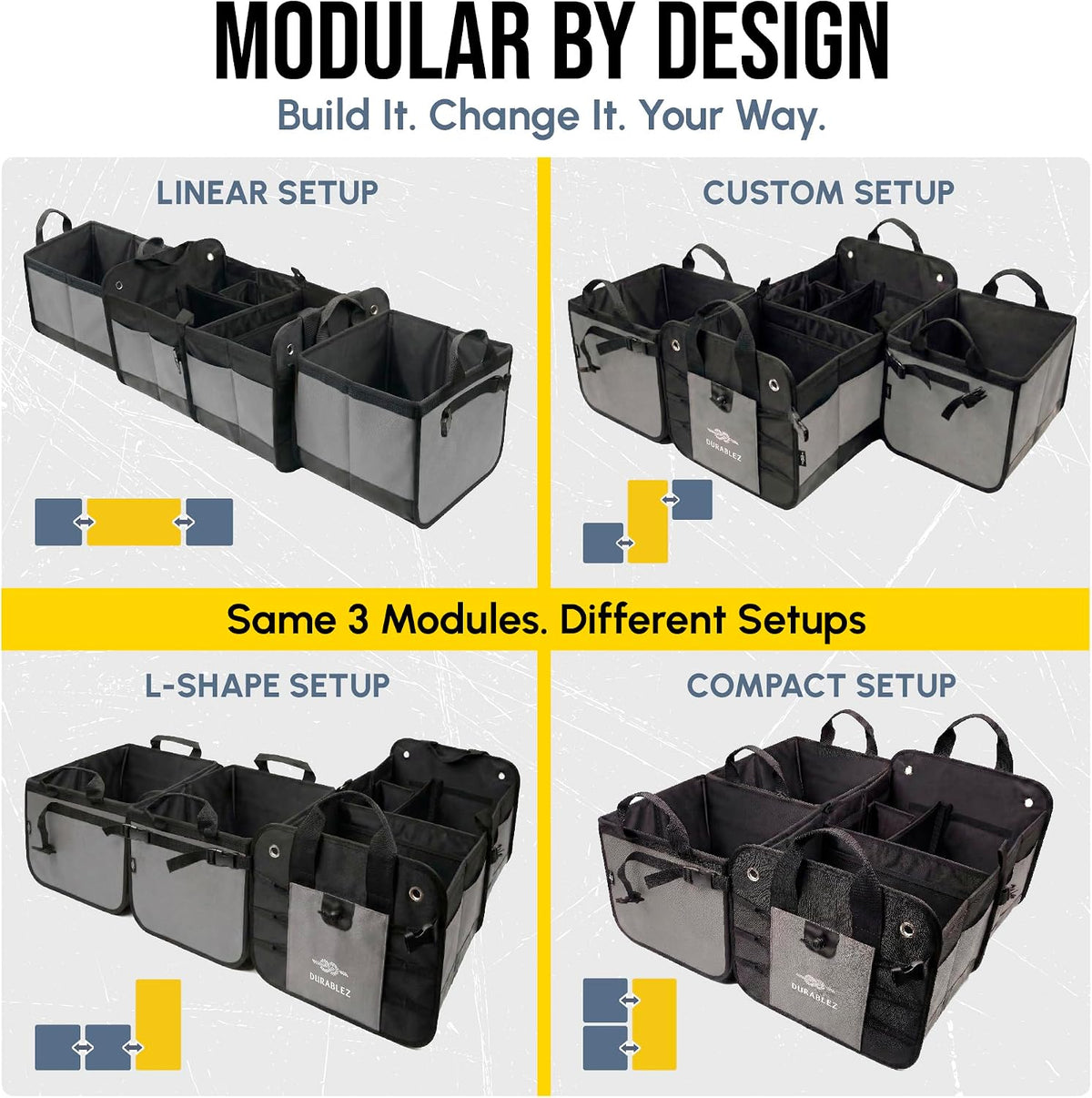 Modular 4-Section XL Trunk Organizer – Car Storage for Groceries, Tools, Sports Gear, Emergency Kits – Extra Large Multi-Compartment Cargo Box, Collapsible &amp; Heavy Duty – Gray