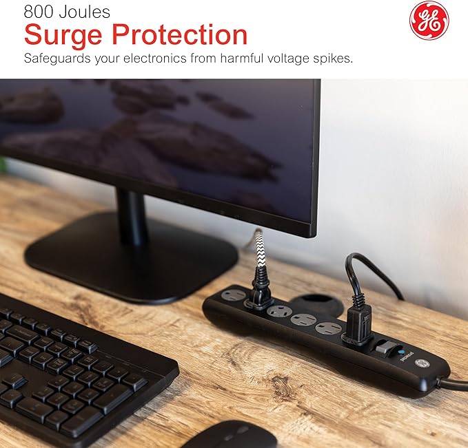 GE 6-Outlet Surge Protector,10 Ft Extension Cord,Power Strip,600 Joules,Twist-to-Close Safety Covers,Protected Indicator Light,ETL Listed,Black,37442,(Pack of 12)