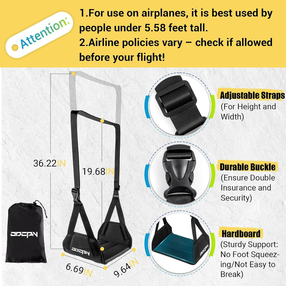 2-Pack Foot Hammock for Plane Travel, No Collapse Thickened Bamboo Airplane Foot Rest with Extended Adjustment Strap, Portable Desk Foot Hammock to Relax Your Feet, Foot Sling Travel Essentials(Black)