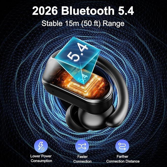 Ordtop Sport Wireless Earbuds with Earhooks, 70H, IPX8 Waterproof, Blue | Bluetooth 5.4, 4 ENC Microphones, Deep Bass Sound, LED Display, USB-C Fast Charging, Secure Fit For Running, Gym And Workouts