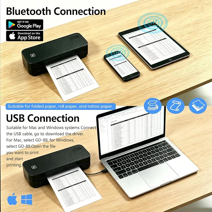 Portable Printer for Travel Bluetooth, Inkless Travel Printer, supports thermal