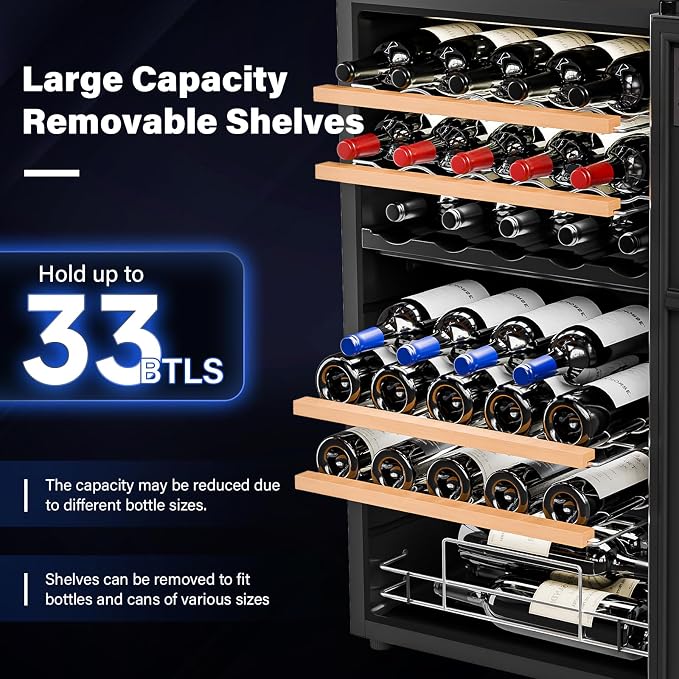 ROVSUN 33 Bottle Wine Fridge, Dual Zone Wine and Beverage Refrigerator with Independent Temp Control & LED Control Panel, Freestanding Wine Cooler Chiller for Red White Wine, Champagne, Beer