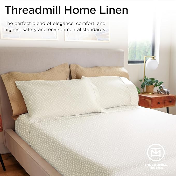 Threadmill Luxury 100% Cotton Queen Bed-Sheets - 800 Thread Count Jacquard Celine Ivory, Better Than Egyptian Cotton,4 Pc Striped Bed Set, Damask Sheets with Elasticized Deep Pocket