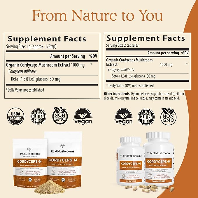 Real Mushrooms Cordyceps Powder - Performance Mushroom Extract with Organic Militaris for Energy Immune Support Vegan Supplement, Non-GMO, 150 Servings
