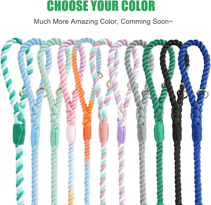 Dog Leash 5 FT Handmade Braided Cotton Rope Leashes for Small Medium and Large Dogs, New Golden Heavy Duty Metal Clasp, Dark Green