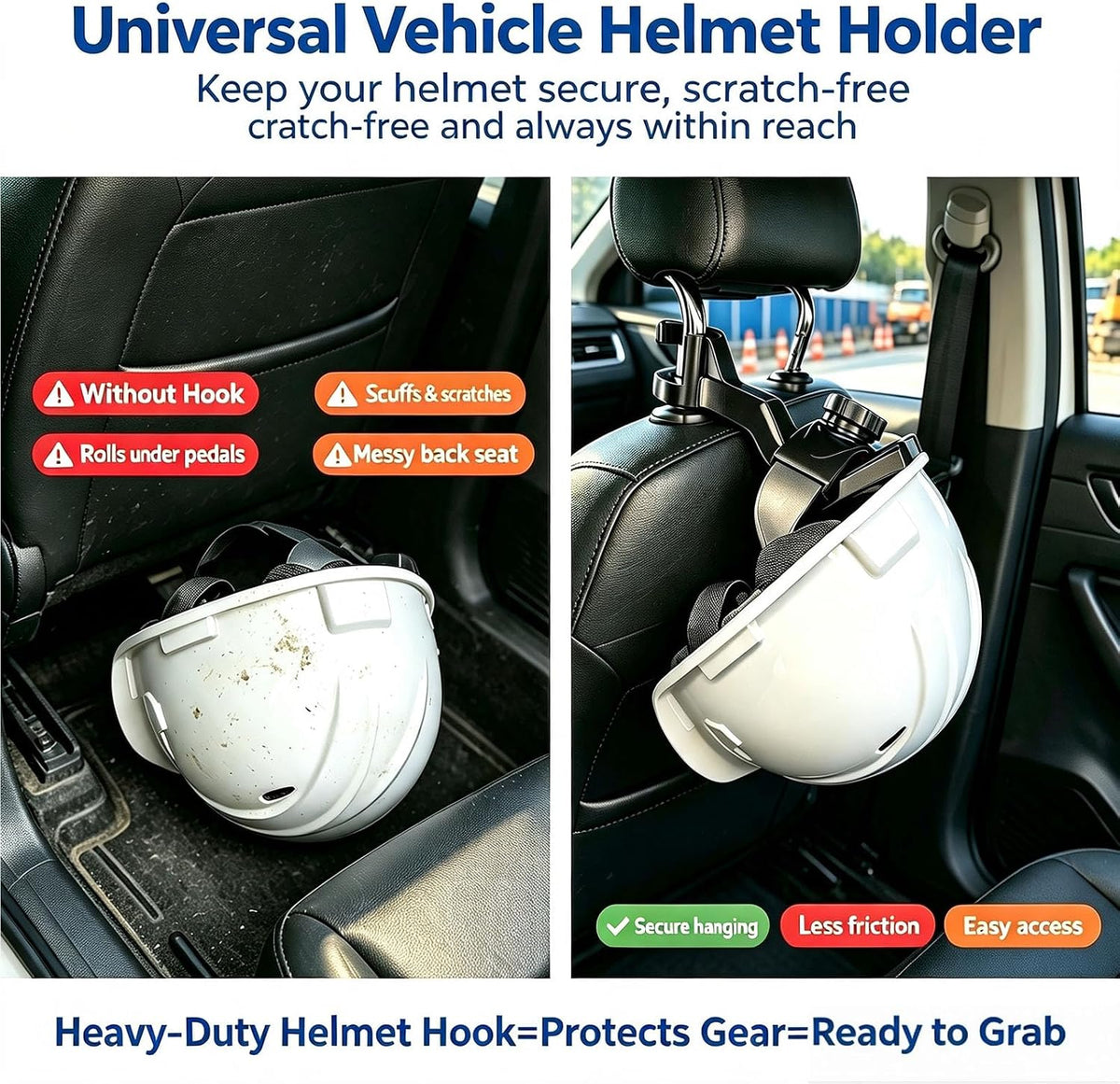 2 Pack Hard Hat Holder – Quick-Install Truck Headrest Hook(Black)