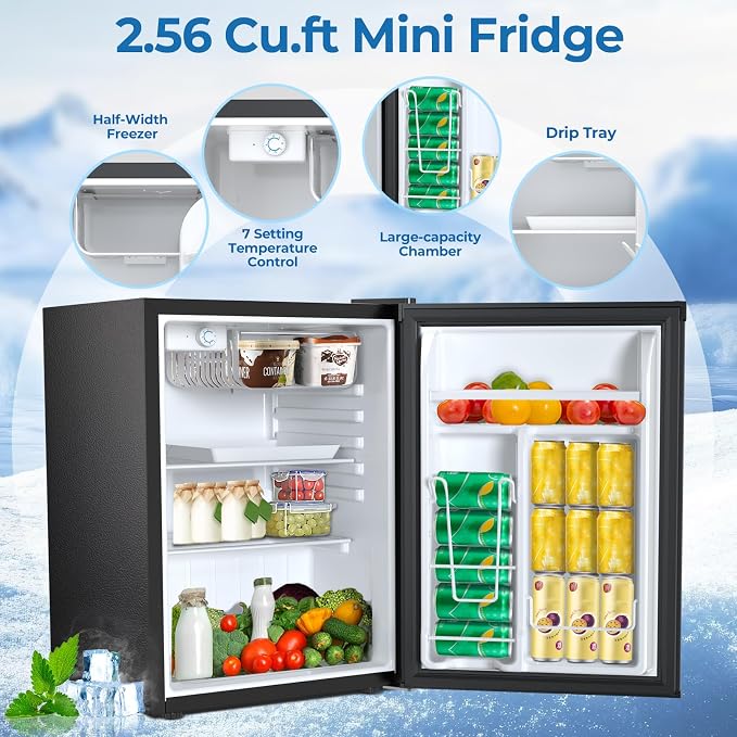 Electactic 2.56 Cu.ft Compact Refrigerator with Reversible Single Door, BLACK