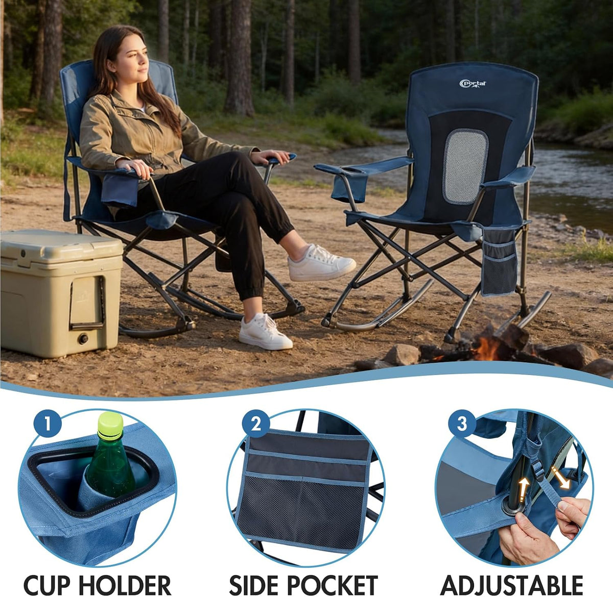 Portal Outdoor Rocking Chair Camping Folding Portable Rocker with Cup Holder Side Pocket Carry Bag, Support 350LBS (Mesh Blue)