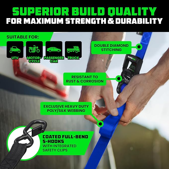 Rhino USA Ratchet Straps Heavy Duty Kit (2-Pack) - 1.6 Inch x 8 Feet Min Break Strength (5,000) - Ultimate Tie Down Straps with Safety S Hooks for Trucks, ATV, UTV, Motorcycle, Cargo & More - Blue