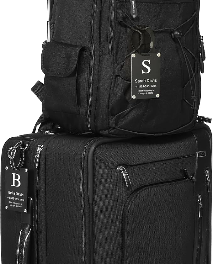 Luggage Tags for Suitcases 4 Pack: Personalized Luggage Tags for Backpacks & Bags Tags with Coustomizable Texts (Black)
