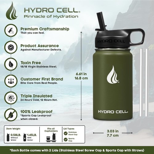HYDRO CELL Stainless Steel Insulated Water Bottle - Versatile Cold & Hot Drink Flask | 14oz Army Green