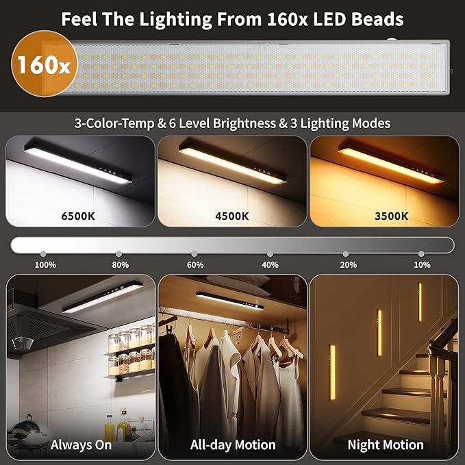 5Pack Touch Control Under Cabinet Lighting, 160LED Super Bright, 4000mAh Long-Lasting, Magnetic Rechargeable Motion Sensor Under Counter Lights for Kitchen, Closet, Remote, Dimmable, 3CCT丨Black