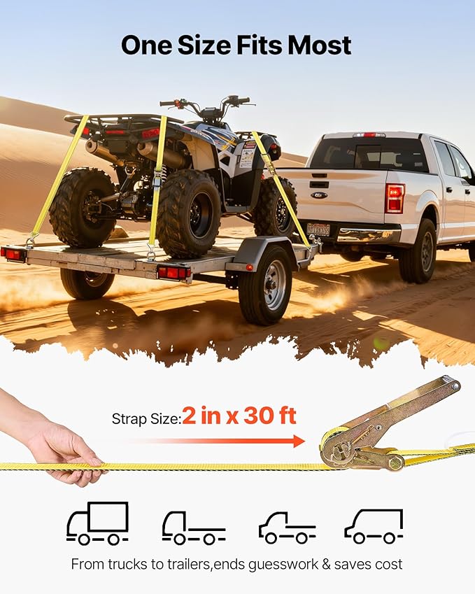 VEVOR Ratchet Straps, 2 in x 30 ft, Heavy Duty Tie Down Straps with Double J Hook, 10,000 lbs Break Strength, Carry Bag, Tie Down Ratcheting for Moving, Trailers, Motorcycles, Kayaks, Car Roof, 4 Pack