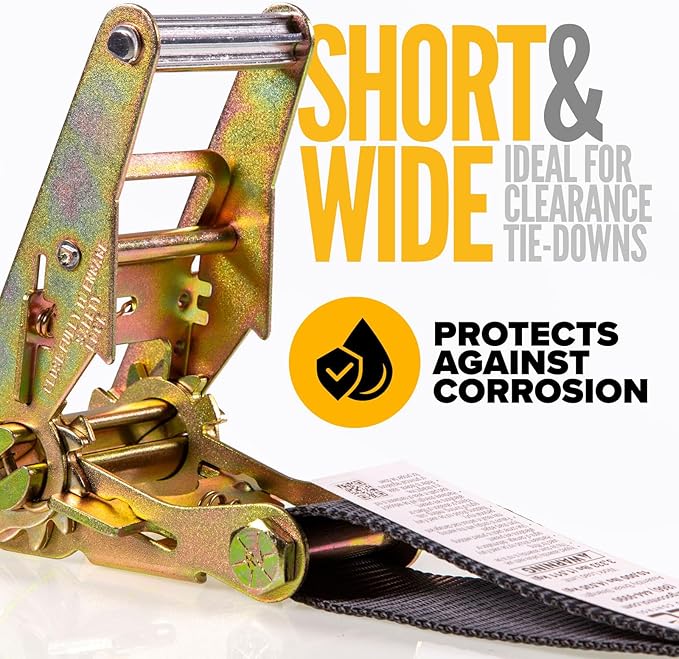 US Cargo Control Twisted Snap Hook Ratchet Strap 2 Inch x 8 Foot, 10,000 LBS Break Strength, Car Tie Down Straps for Trailers, Tie Down Cars, Motorcycles, Race Cars - Low-Profile Ratchet