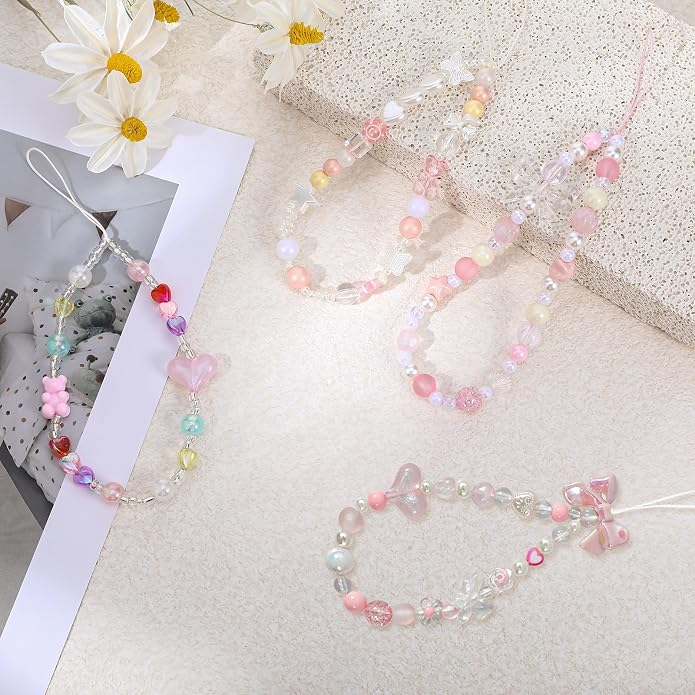 Pink Beaded Phone Wrist Straps, Y2K Phone Case Charms Camera Charm Strap