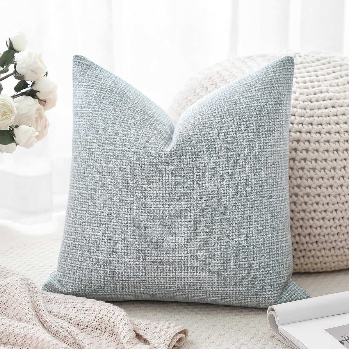 OTOSTAR Linen Throw Pillow Cover Set of 1 Decorative Square Pillowcases Cushion Covers 24x24 Inch for Home Decor Sofa Bedroom Car 60 x 60CM Blue Grey