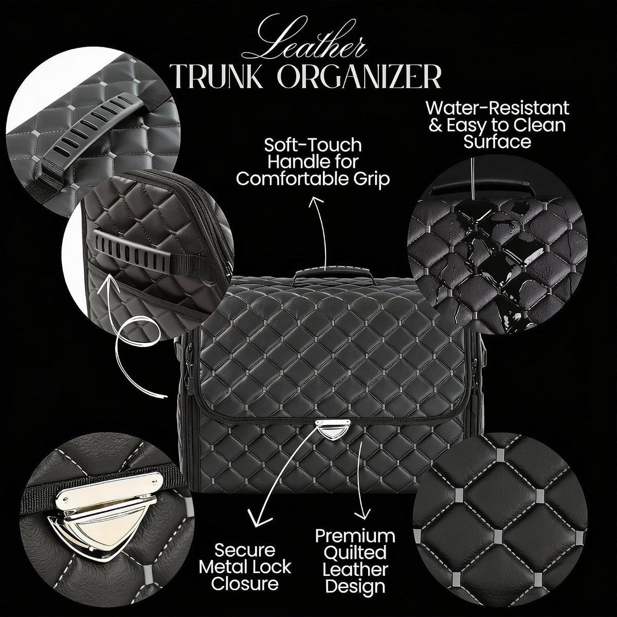 Leather Trunk Organizer with Lid for Suv and more, Foldable Car Organizer, Car Organizers and Storage with Pockets, Non-Slip Design (White-Black)