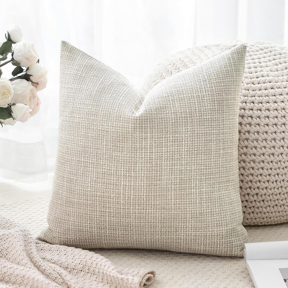 OTOSTAR Linen Throw Pillow Cover Set of 1 Decorative Square Pillowcases Cushion Covers 24x24 Inch for Home Decor Sofa Bedroom Car 60 x 60CM Beige