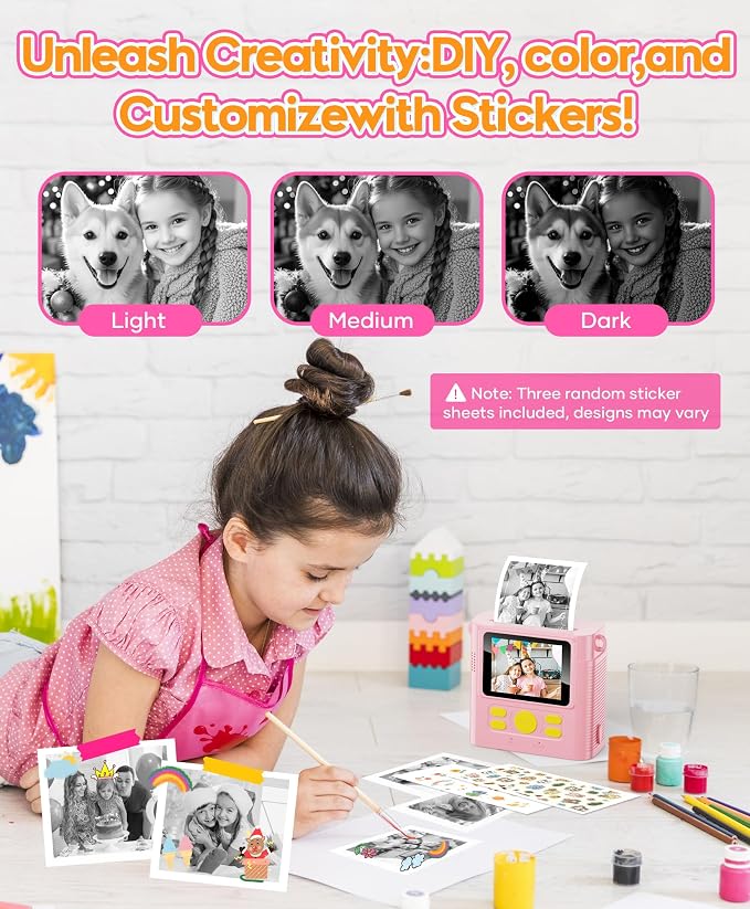 Kids Instant Print Camera Ages 3-12 1080P Selfie 2.4" Screen 32GB Gift Pink |