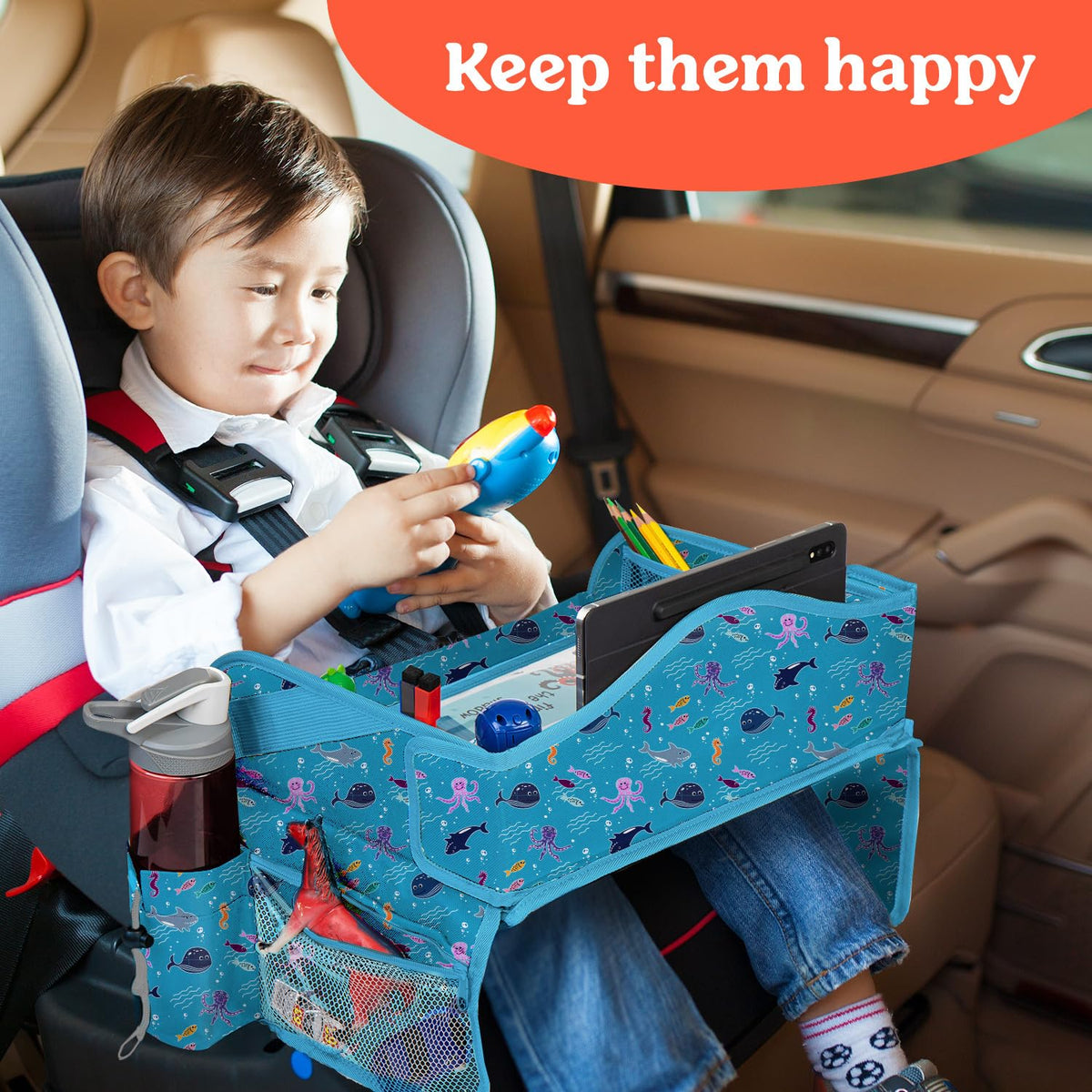 PILLANI Kids Travel Tray for Car - Road Trip Activities for Kids - Car Seat Tray for Kids Travel w/ Activity Sheets, Pens & Dry Erase Board - Toddler Road Trip Essentials & Car Accessories for Kids