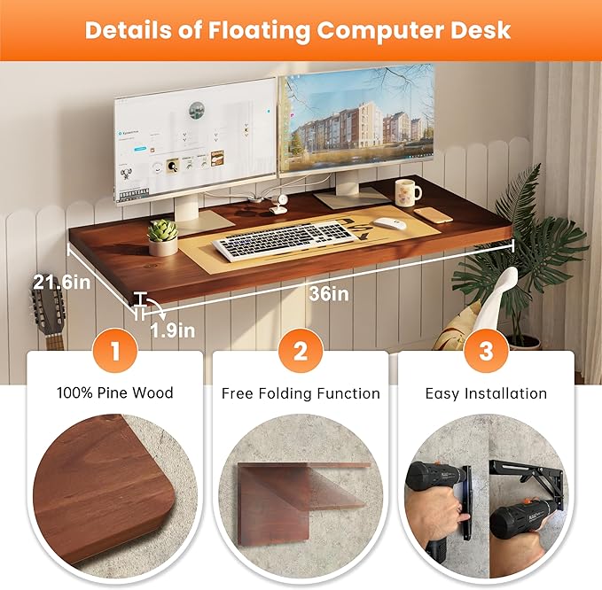 IAE Floating Wall Mounted Folding Table Desk with Pine Wood,36" x 22" Folding Workbench,Fold Down wall Mounted Foldable Table with Shelf Brackets,Laundry Folding Table for Apartment,Home,Kitchen,Brown