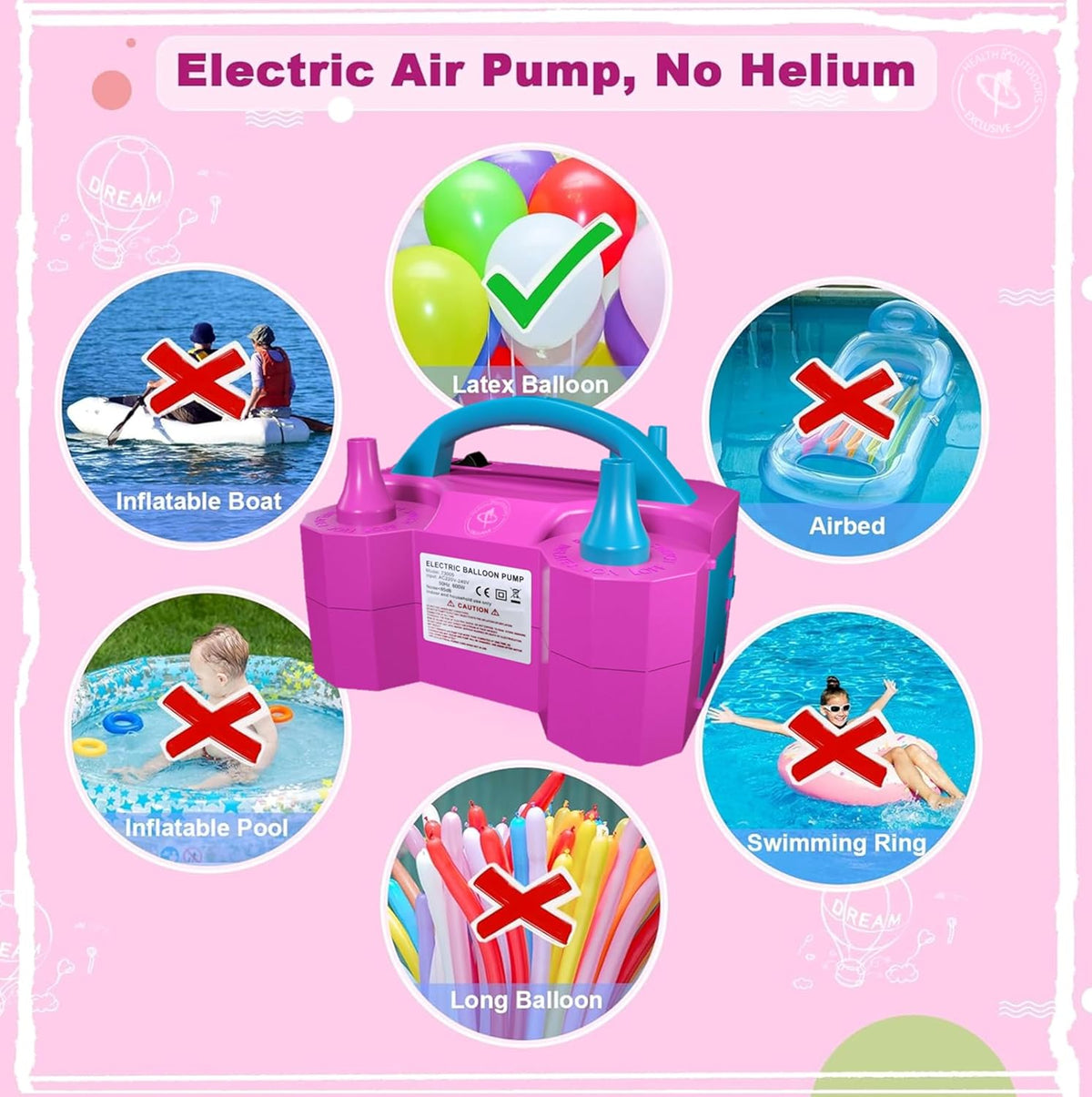 Skiennix Electric Balloon Pump - Portable Dual Nozzle Air Blower for Party Decorations | 110V 600W, Rose Red