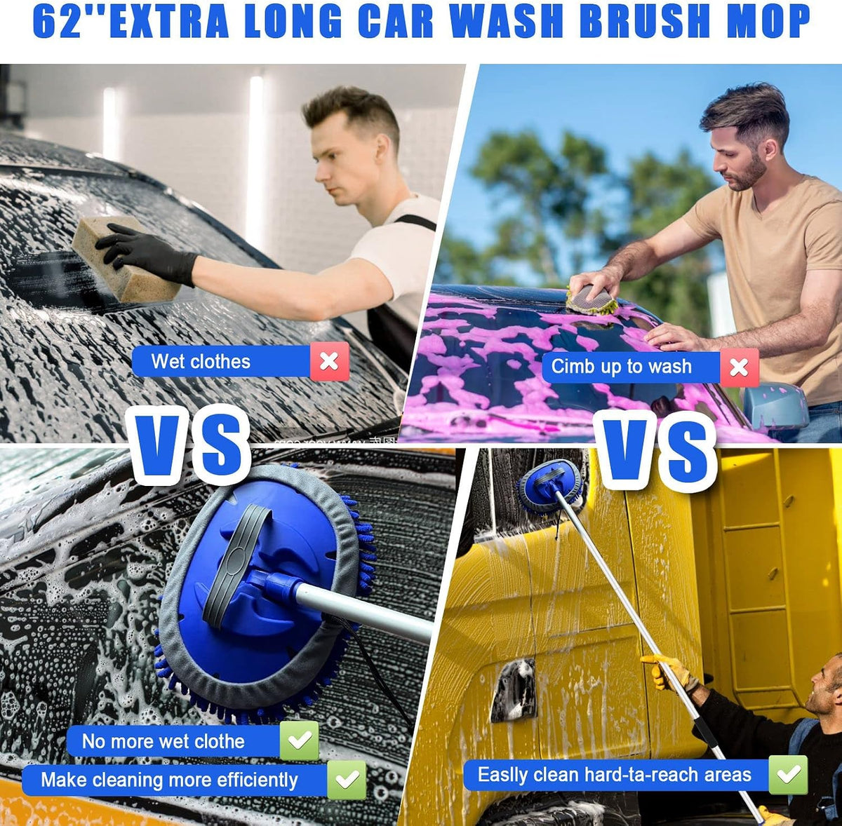 21Pcs Car Wash Kit,62" Car Wash Brush Mop with Long Handle,Car Cleaning Kit,Car Detailing Brush Set,Car Wash Bucket with Filter,Windshield Window Squeegee for Cars RV Truck Boat (Blue)