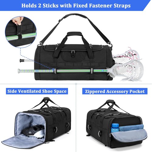 GOBUROS Lacrosse Bag - Holds 2 Sticks & Shoes | Durable Backpack with Helmet Holder & Pockets - Black