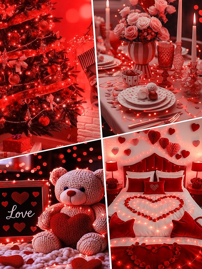 btfarm 4 Pack Valentines Day Fairy Lights Battery Operated with Timer, 16.4 FT 50 LED Silver Wire Twinkle String Lights 8 Modes Dimmable Waterproof for Indoor Party Christmas Bedroom Wedding, Red