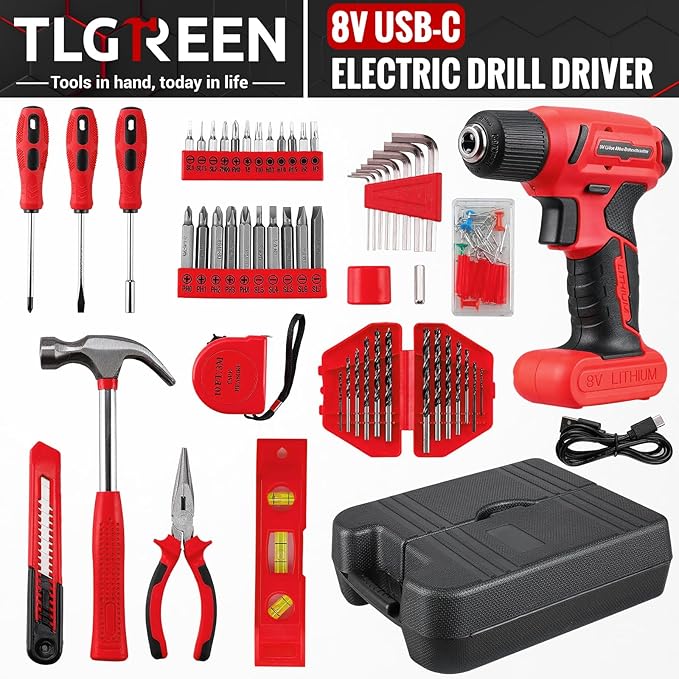 TLGREEN 101 Pcs 8V Cordless Drill and Tool Set, USB-C Rechargeable Power Tool Kit with Brushless Motor & Fast Charge, Lightweight Home Tool Kit for DIY, Repair, and Maintenance with Storage Case（Red)