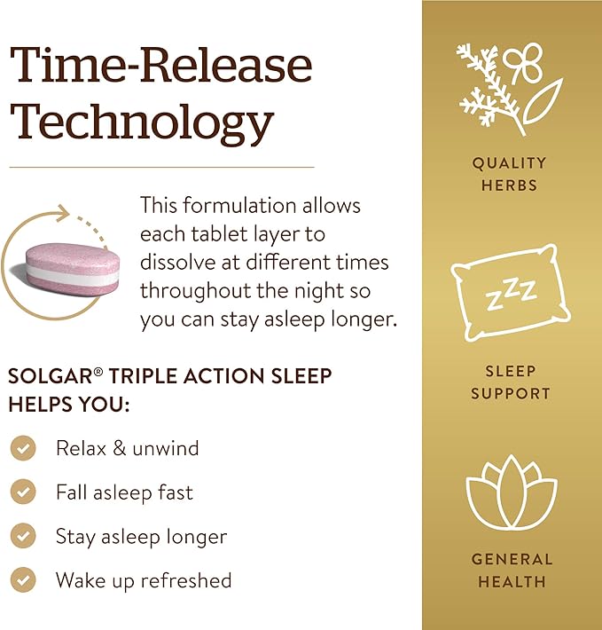 Solgar Triple Action Sleep, 30 Tri-Layer Tablets - Time-Release Melatonin & L-Theanine Plus Herbal Blend - Helps You Relax, Fall Asleep Fast & Stay Asleep Longer - Non-GMO, Gluten Free - 30 Servings