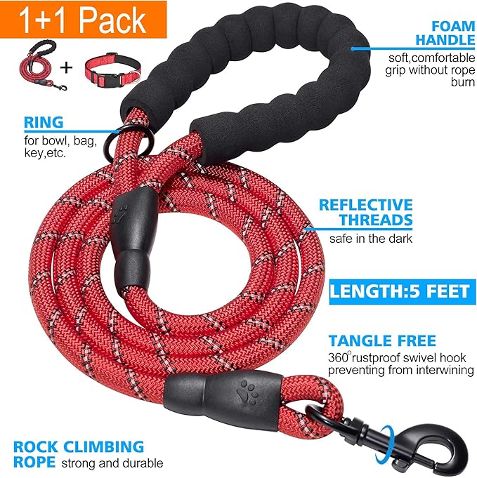 Reflective Dog Collar Padded with Soft Neoprene Breathable Adjustable Nylon Dog Collars for Small Medium Large Dogs (Medium (Pack of 1), Red Collar+Leash)