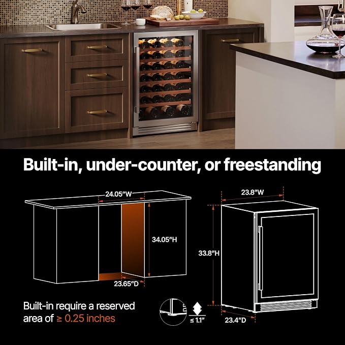 Ca'Lefort 24 Inch Wine Fridge, 61 Bottle Under Counter Wine Cooler | 40-65°F Touch Control, Dual-Pane Glass Door, Adjustable Shelves, 3 Color LED, Built-In or Under Counter for Home Bar Kitchen