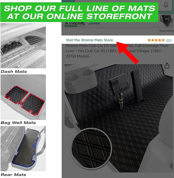 Xtreme Mats ICON Compatible Full Coverage Golf Cart Floor Mats Set (1st & 2nd Row Mats) Fits ICON 4F & 6 Seater Golf Carts - i40F, i40FL, i60, i60L - Grey Trim