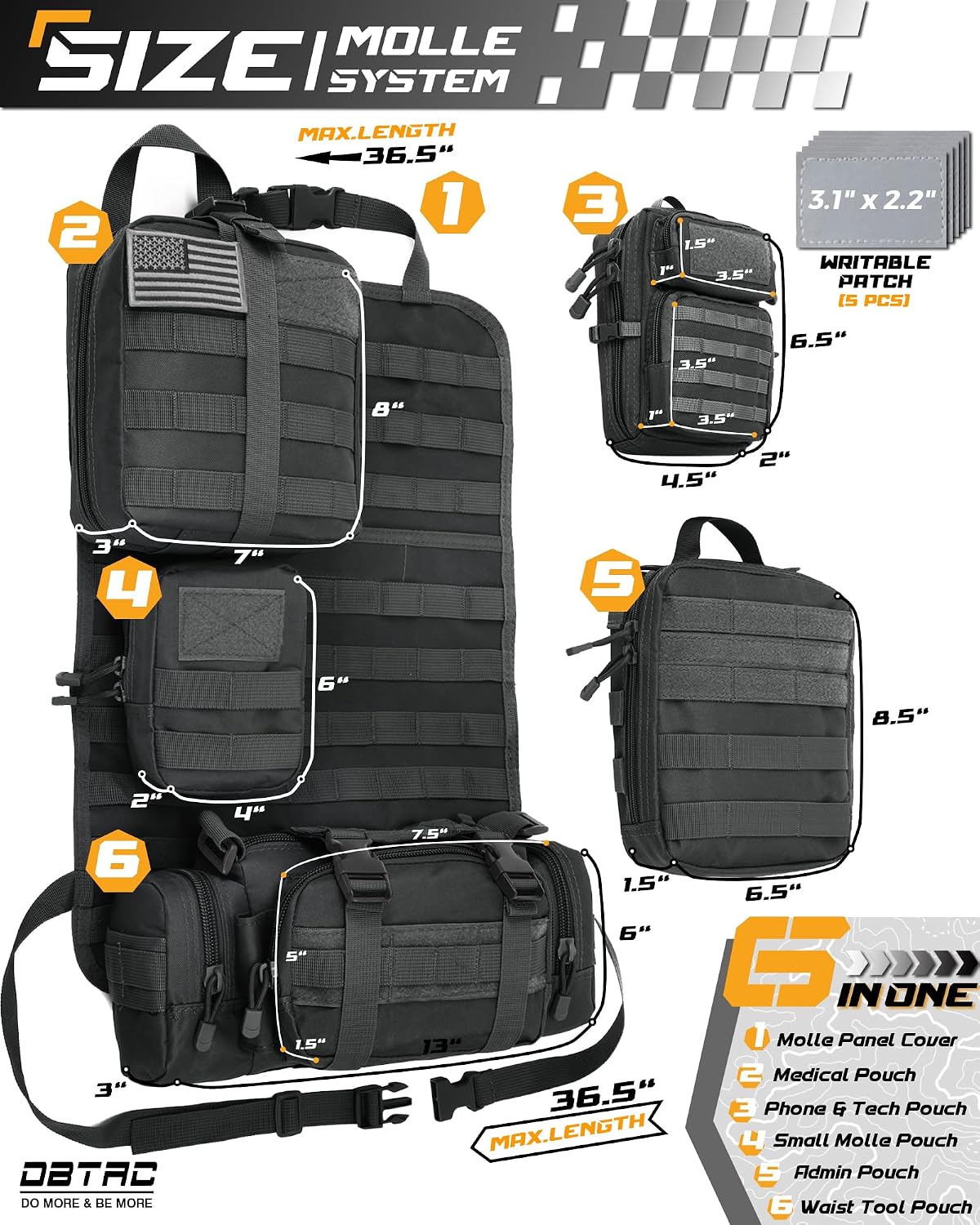 DBTAC Tactical Molle Car Seat Organizer | Vehicle Back Panel with 5X Detachable Pouches, US Flag & Writable Reflective Patch for Cars, Trucks, SUVs, Sedans