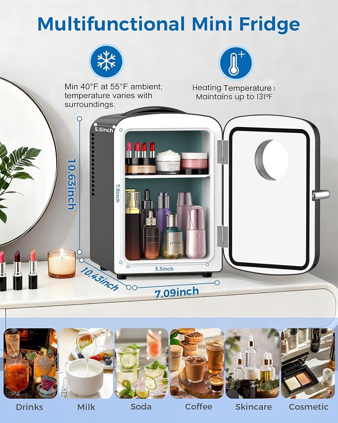 Electactic Mini Fridge for Skincare, 4L/6 Cans Portable Compact Cosmetic Fridge, Desktop Fridge with AC/DC Adapters, Observation Window, Small Cooler and Warmer for Beverage, Makeup, Bedroom, Black