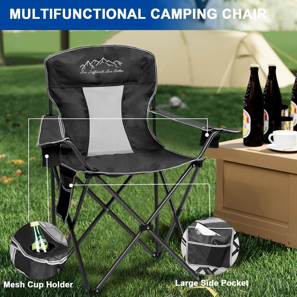 Skiennix Outdoor Folding Camping Chair - Breathable Mesh, 400lbs Capacity, Cup Holder & Storage Bag | Black