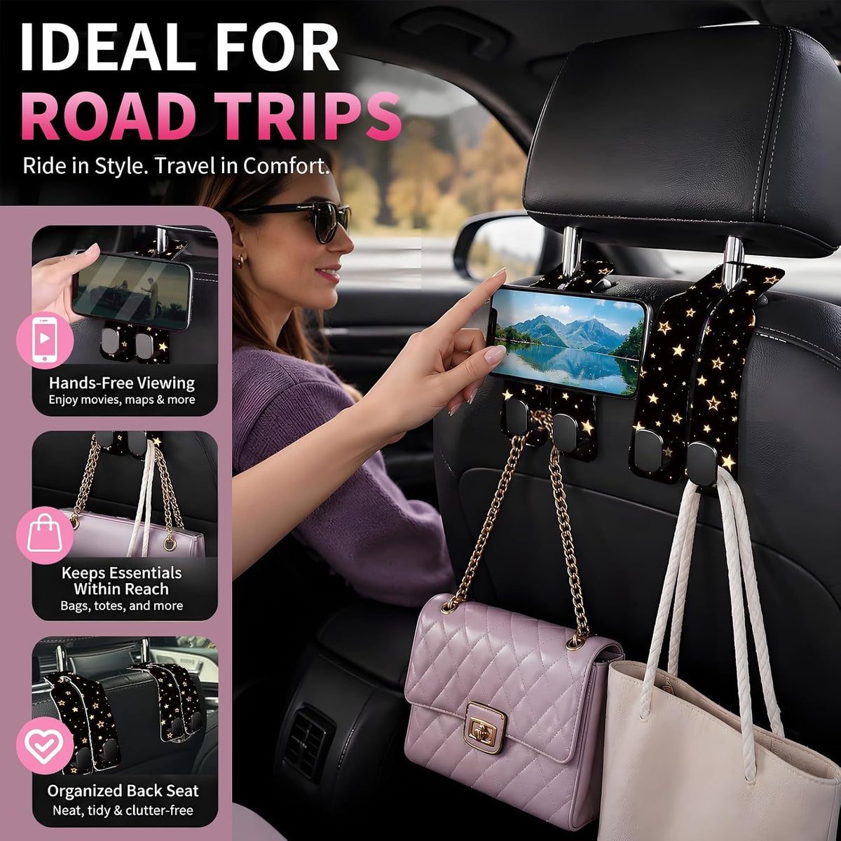 Car Seat Back Storage Hook, Funny Car Purse Hook, Cute Vehicle Storage Organizer for Purses Handbags Golden Starry Night