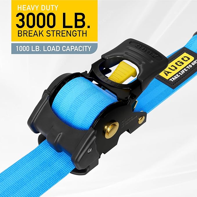 AUGO Retractable Ratchet Straps | 2 Heavy Duty Ratchet Straps Self Retractable Tie Downs with Soft Loops & Storage Bag for Motorcycle, Truck, Trailer, Cargo Van | 3000 Lb Break Strength 2” x 10’