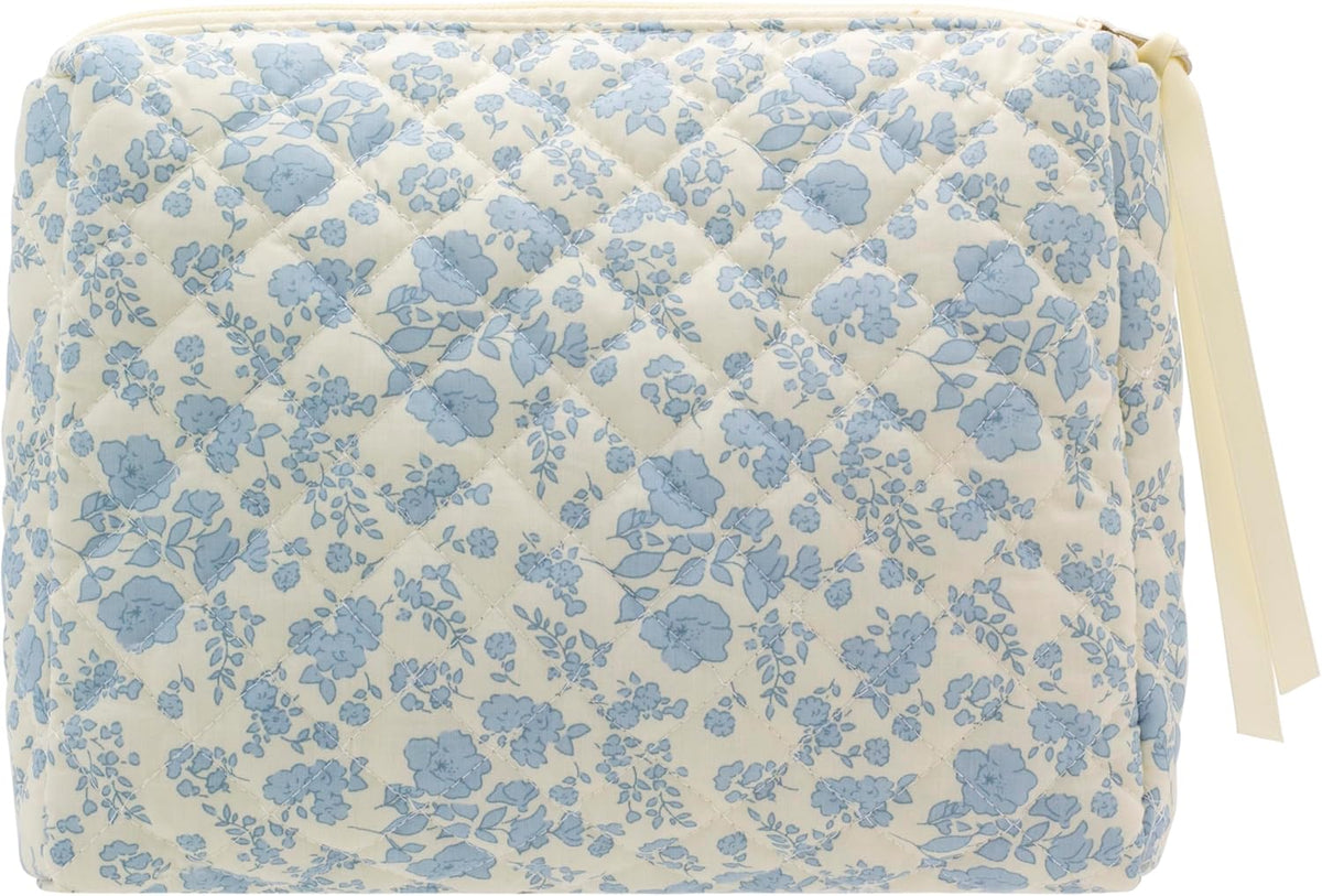 Quilted Makeup Pouch for Women, Travel Cosmetic&Toiletry Bag,Flower Beige