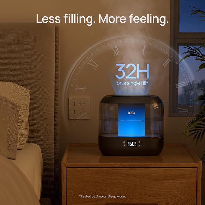 Dreo Smart Humidifiers for Bedroom, Top Fill 4L Supersized Humidifier Large Room with 28 dB, 36H Runtime, Touch/APP/Voice Control, Nightlight, Cool Mist Humidifiers for Baby, Plants, Indoor, Black